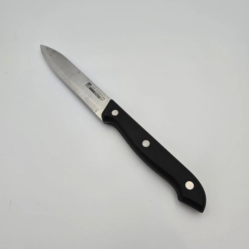 Ronco Six Star+ Utility Knife Stainless Steel Triple Rivet Black Handle.